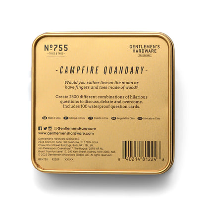 Gentlemen's Hardware Campfire Quandary rear packaging  with logos, SKU, barcode and game info