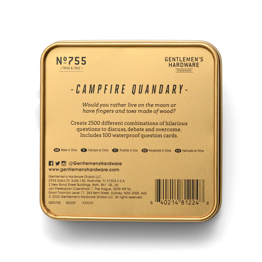 Gentlemen's Hardware Campfire Quandary rear packaging  with logos, SKU, barcode and game info