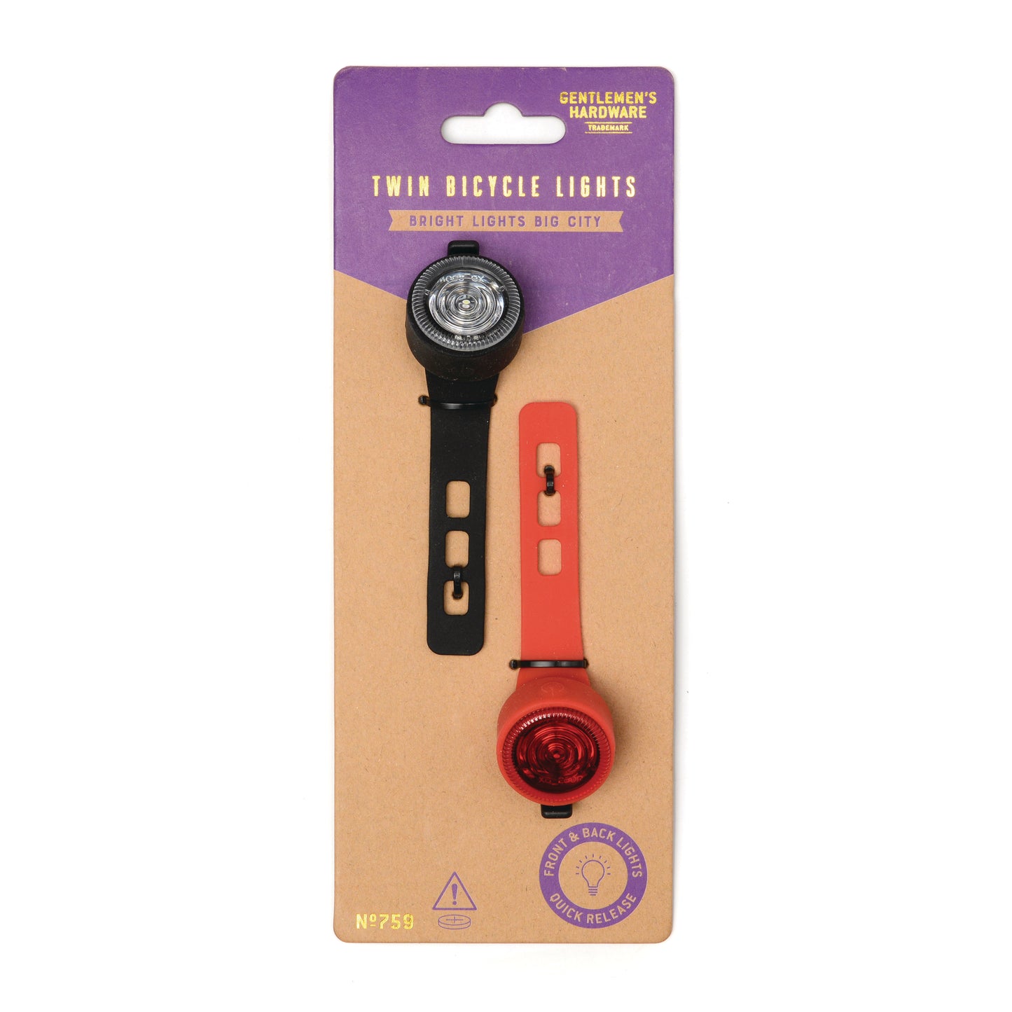 Gentlemen's Hardware Twin Bicycle Lights on branded cardboard packaging