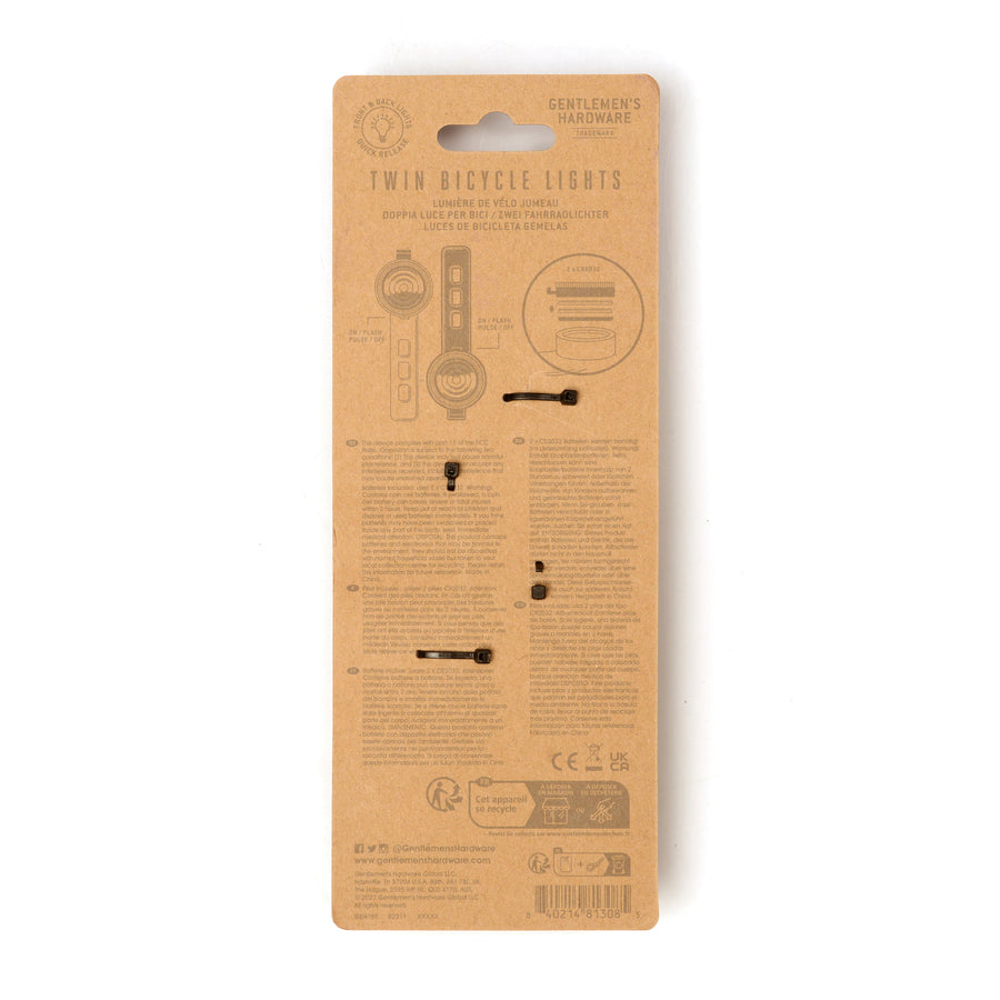 Gentlemen's Hardware Twin Bicycle Lights rear packaging with logo, barcode and product details