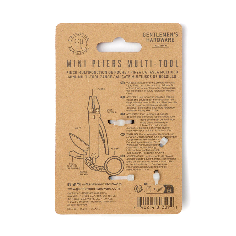 Gentlemen's Hardware Mini Pliers Multi-Tool reverse packaging with logo, barcode and product information