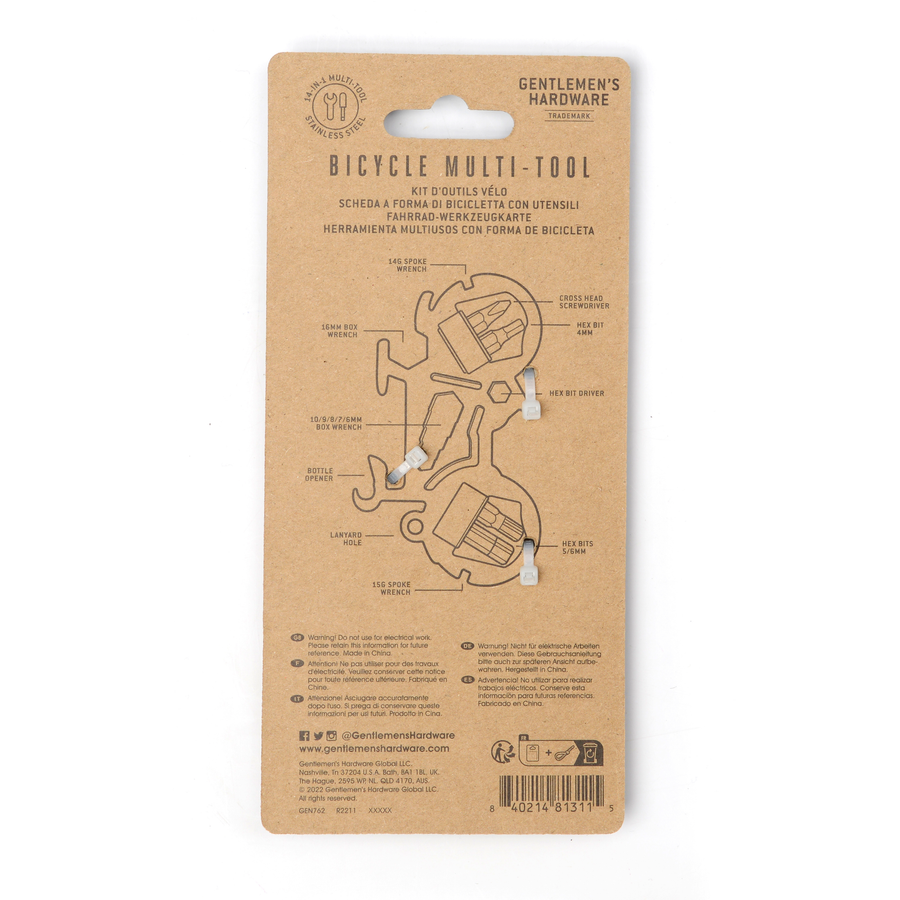 Reverse side of packaging for the bicycle multi-tool.