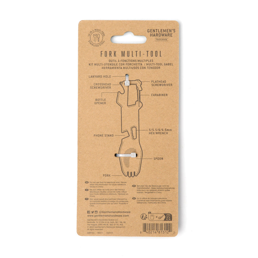 Gentlemen's Hardware Fork Multi-Tool rear packaging with logo, barcode and product information