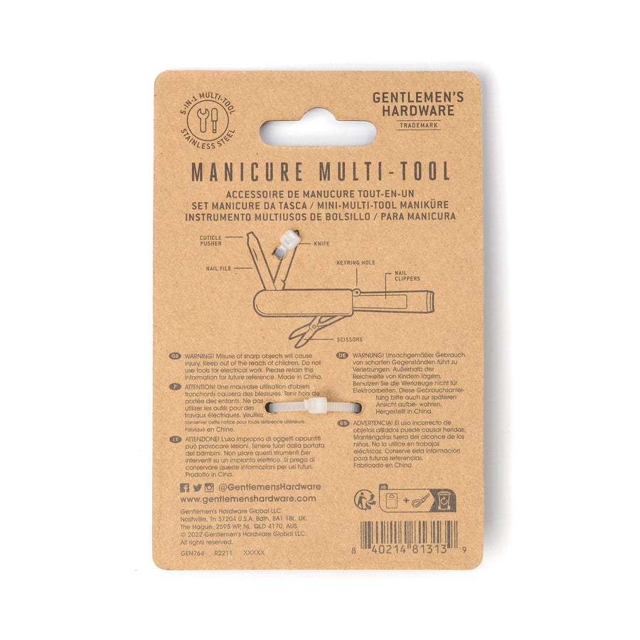 Gentlemen's Hardware Manicure Multi-Tool reverse packaging with logo, barcode and product information
