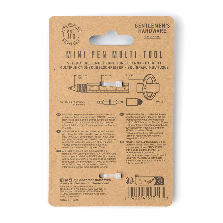 Gentlemen's Hardware Mini Pen Multi-Tool rear packaging with logo, barcode and product information