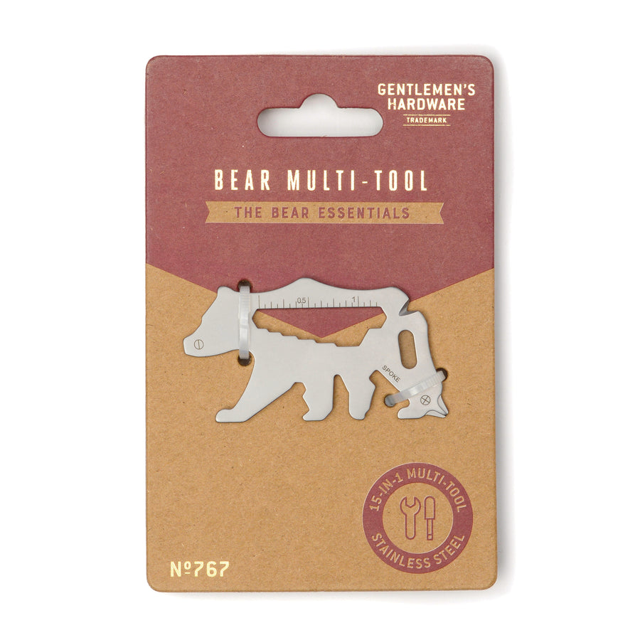 Bear shaped multi-tool with cardboard packaging on white background