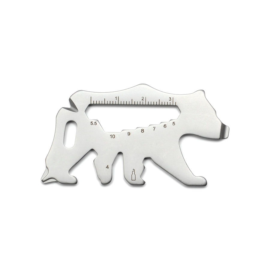 Bear shaped multi-tool with measurements on white background