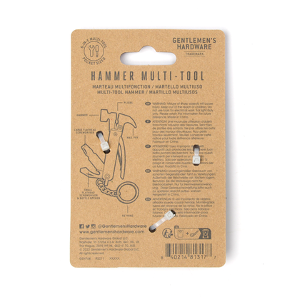 Reverse side of packaging of the hammer multi-tool.