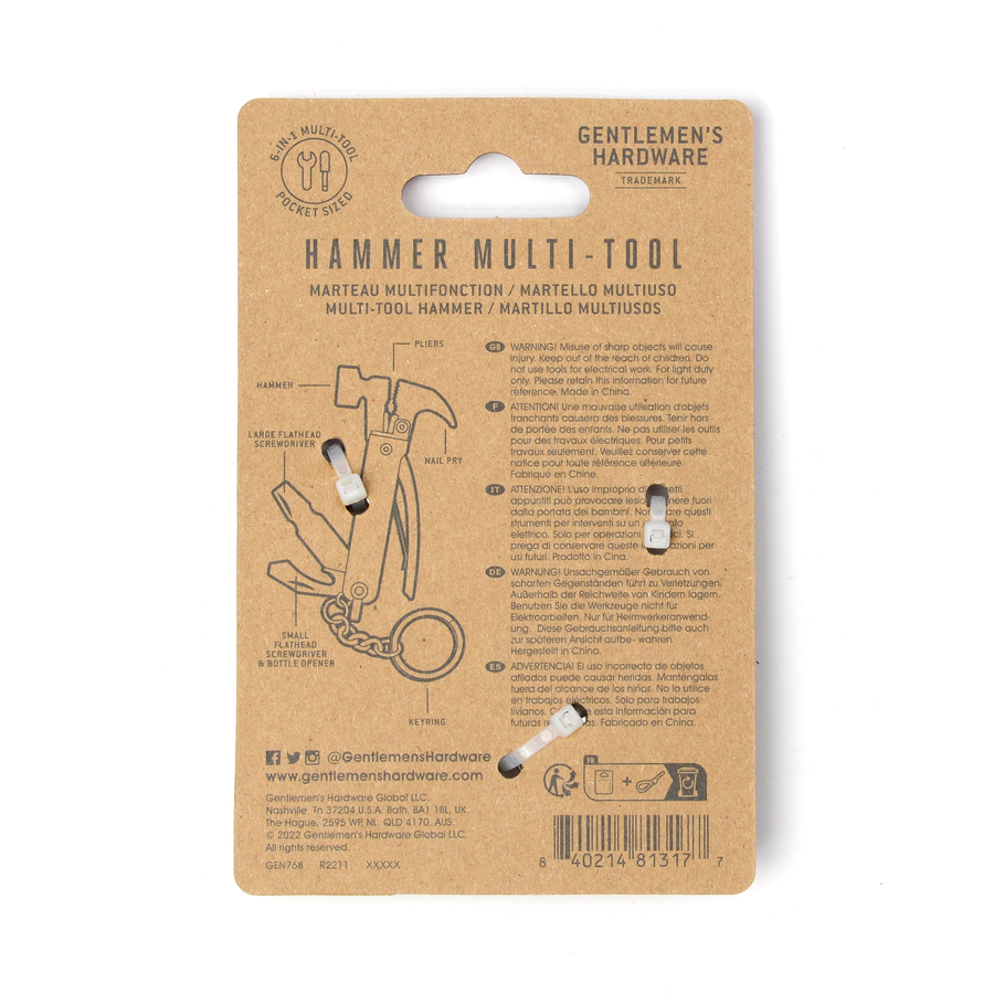 Reverse side of packaging of the hammer multi-tool.