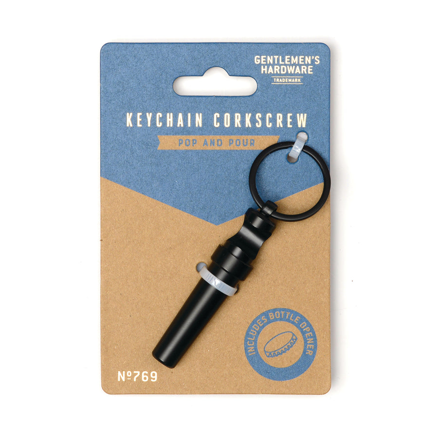 Gentlemen's Hardware Keychain Corkscrew on branded cardboard packaging