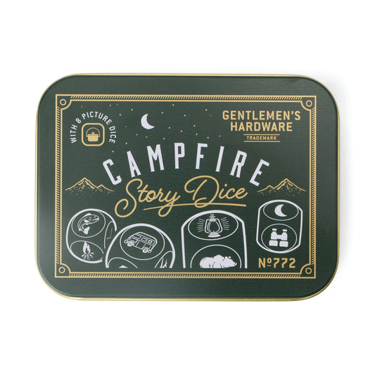 A dark green tin labeled Campfire Story Dice, decorated with camping icons and text, designed to hold storytelling dice and ignite imagination on every adventure.