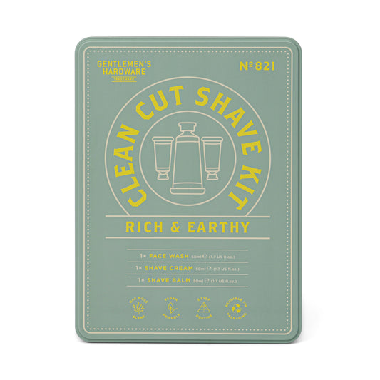 The Clean Cut Shave Kit comes in a green tin and includes Oak Moss-scented face wash, shave cream, and vegan-friendly shave balm by Gentlemens Hardware.