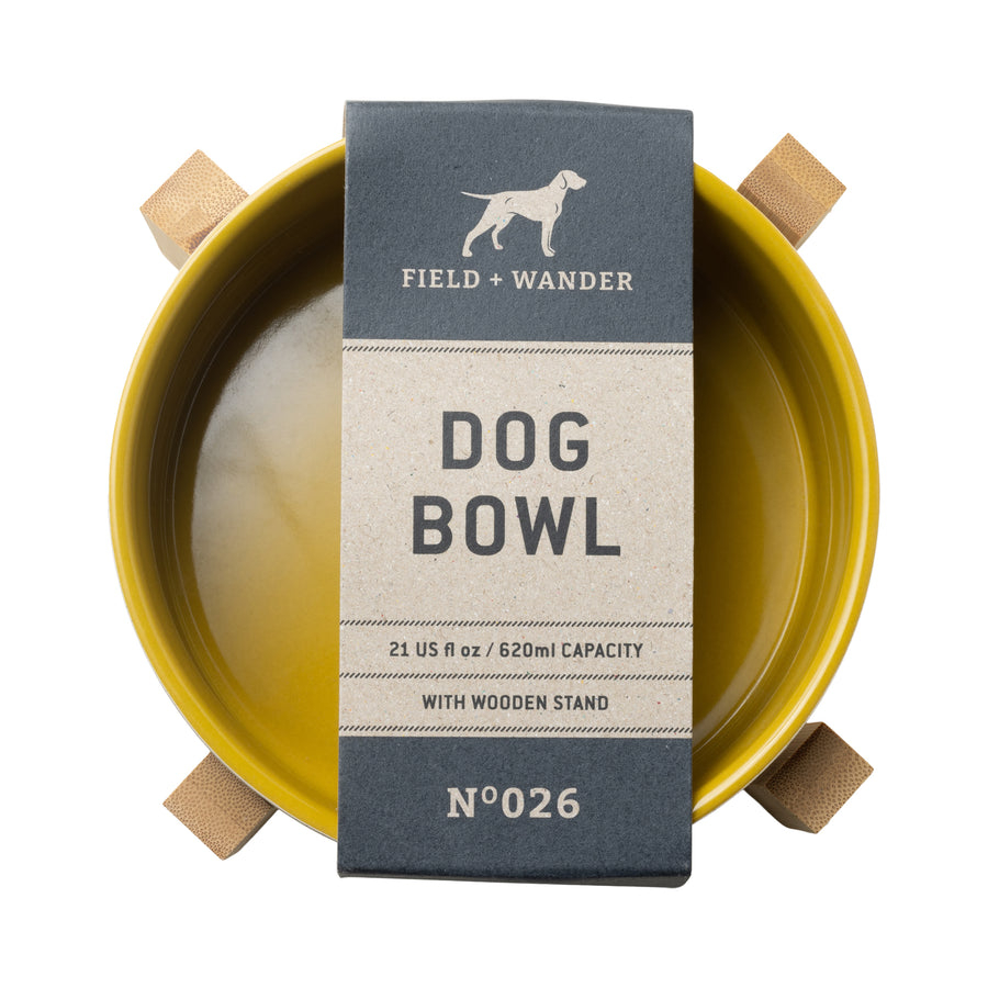 Ceramic Dog Bowl with Wooden Stand - Whine & Dine top view with tag