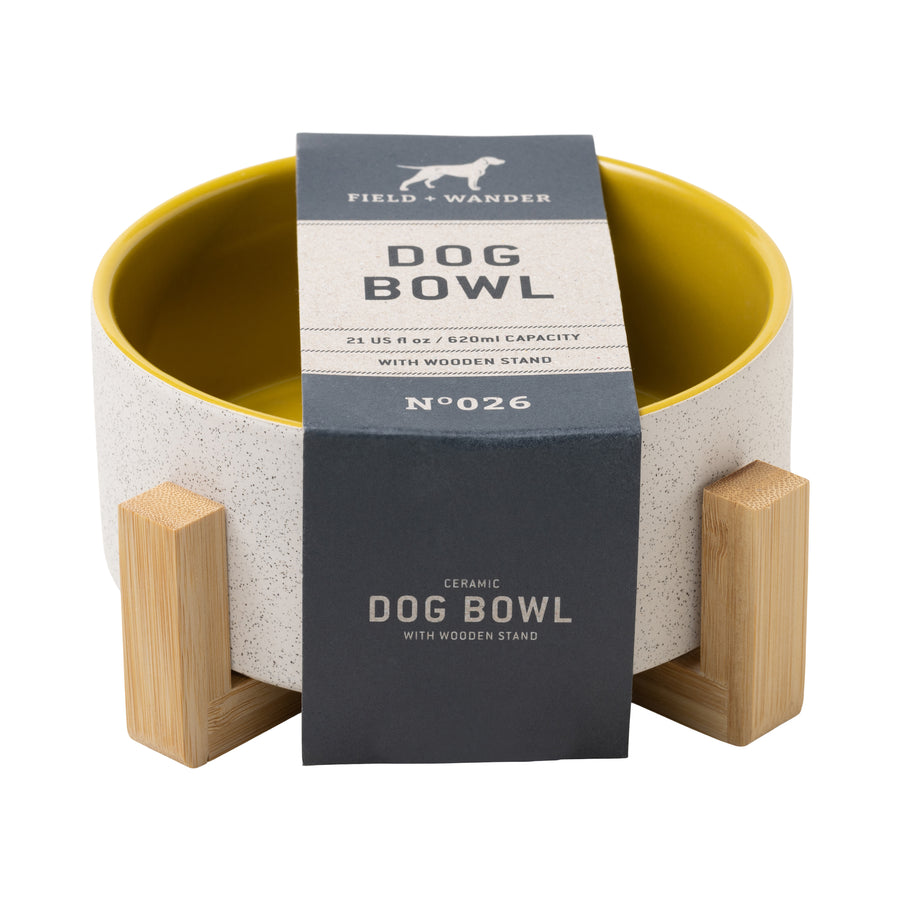 Ceramic Dog Bowl with Wooden Stand - Whine & Dine front view with tag