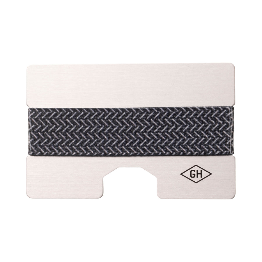 aluminum card holder with GH logo and woven fishbone band
