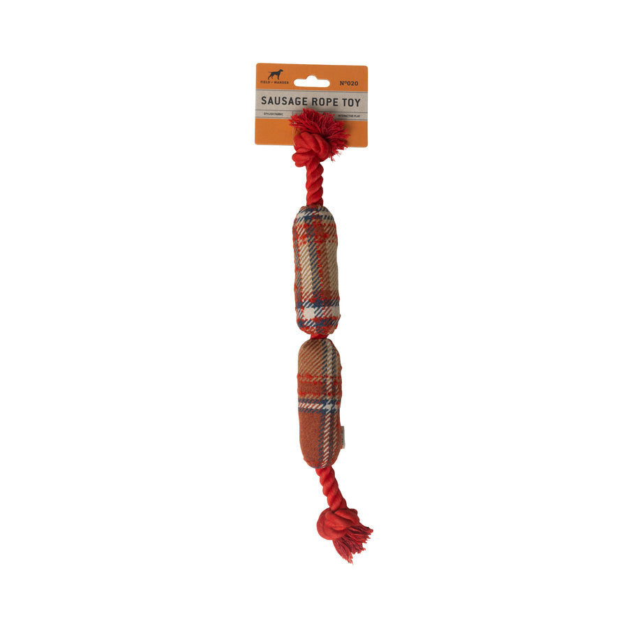 Sausage Rope Dog Toy - read plaid with knots on the end