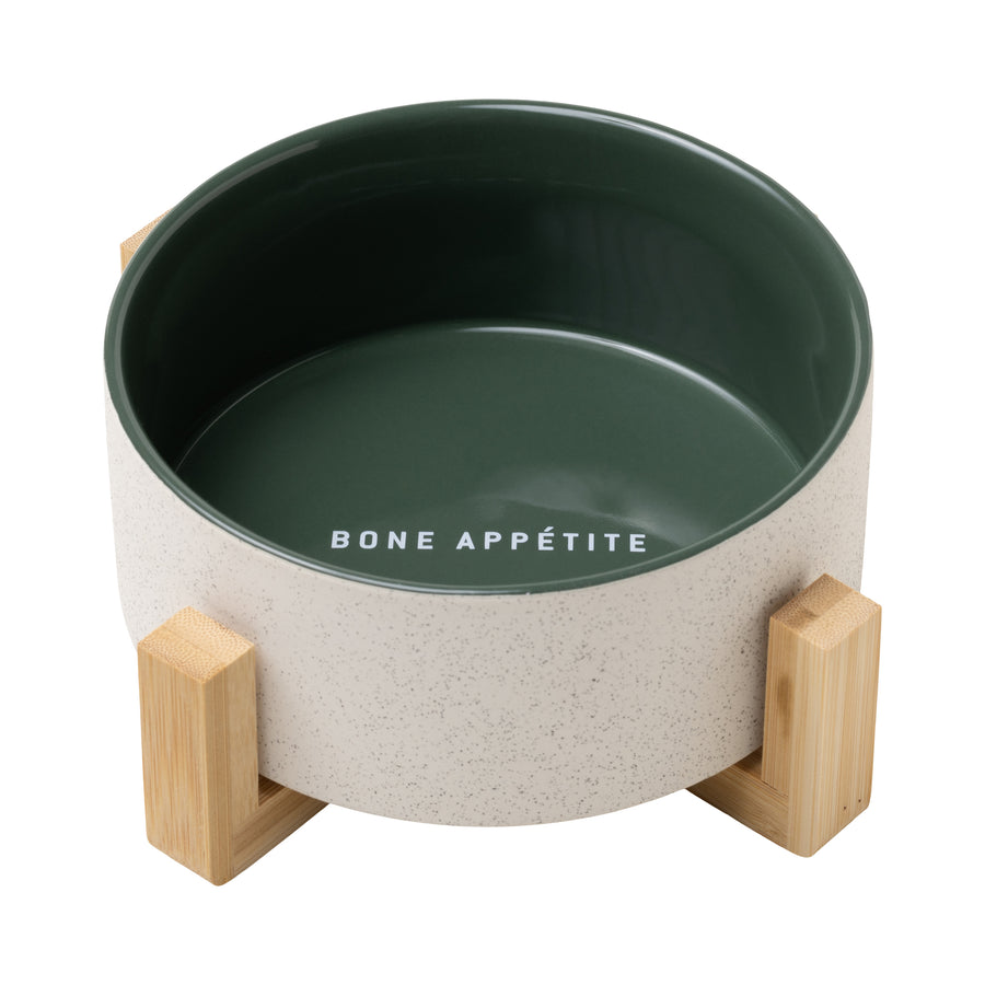 Ceramic Dog Bowl with Wooden Stand - Bone Appétite front view