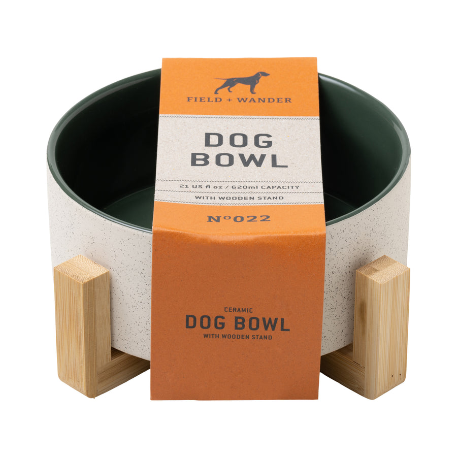 Ceramic Dog Bowl with Wooden Stand - Bone Appétite front view with tag