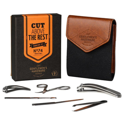 The Charcoal Manicure Set includes stainless steel clippers, scissors, and tweezers in a brown and black case, packaged in a branded box.