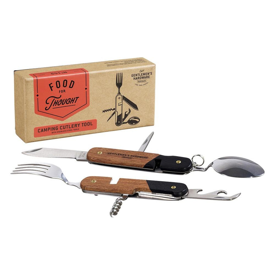 Stainless Steel Camping Cutlery Tool Set with Box in the background - Wooden handle with stainless steel cutlery that folds into itself