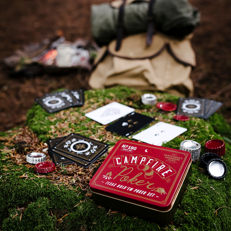 Campfire Games Poker Set with cards and game chips on moss