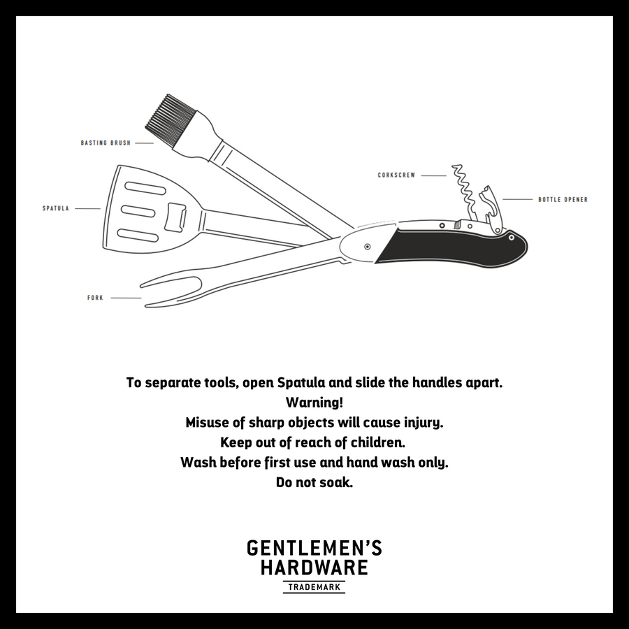 BBQ Multi Tool Infographic. Text reads: To separate tools, open Spatula and slide the handles apart. Warning!  Misuse of sharp objects will cause injury.  Keep out of reach of children.  Wash before first use and hand wash only. Do not soak.