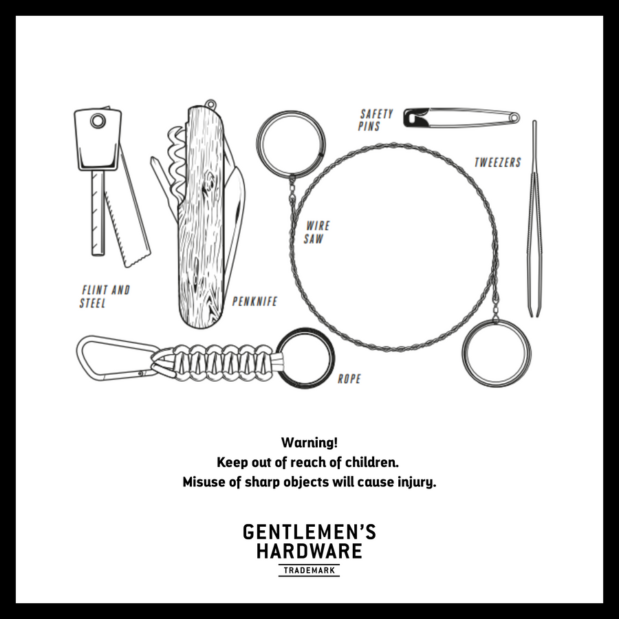 Great Outdoors Kit Infographic showing what package includes - Flint and steel, penknife, rope, wire saw, safety pins, and tweezers. 
