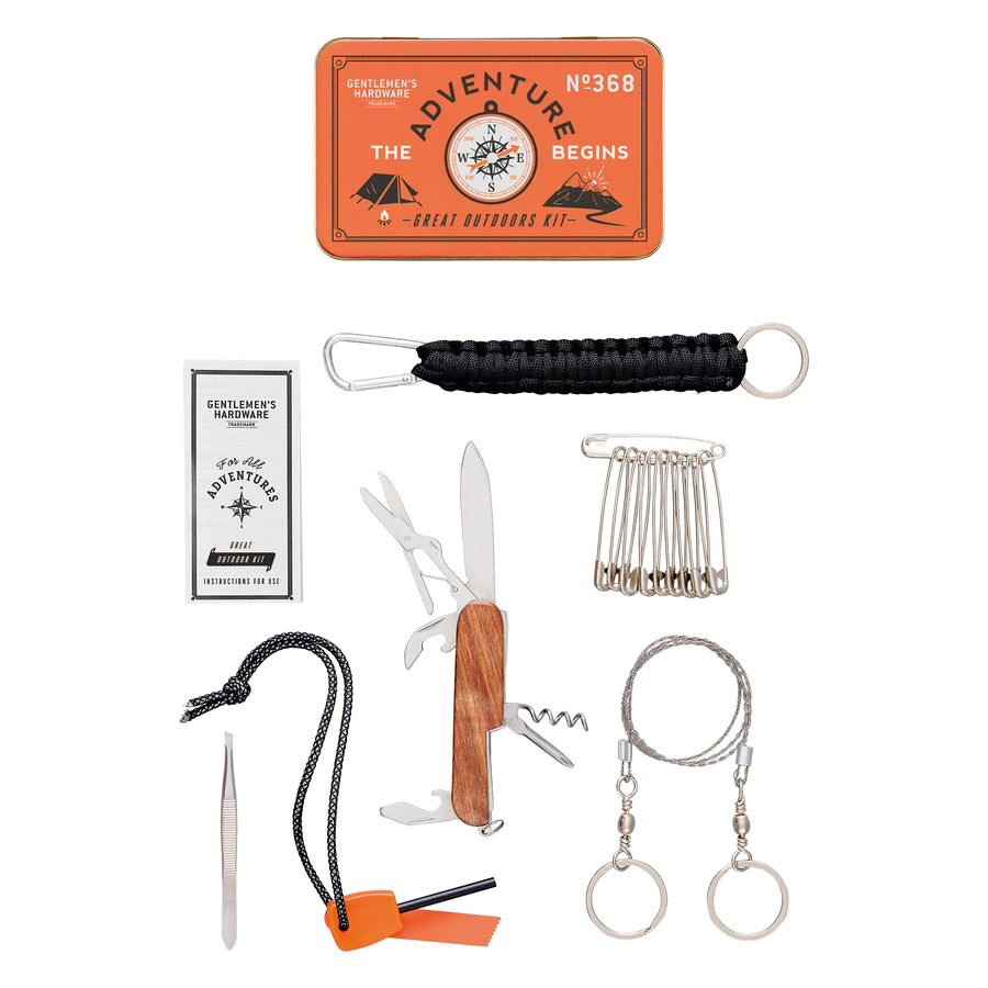 Great outdoors kit flatlay with all the tools it includes on a white background