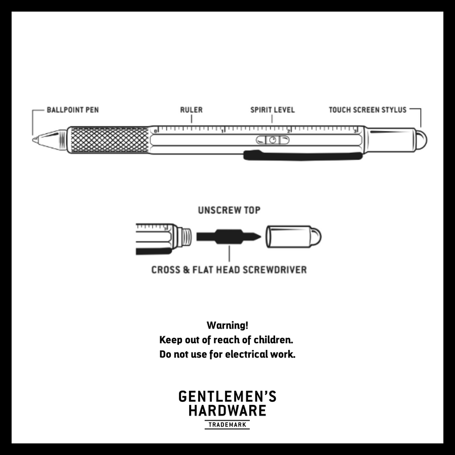 Tool pen infographic showing the pen's parts including ball point pen, ruler, spirit level, and touch screen stylus. Unscrew the top to reveal the cross & flat head screwdriver. text reads: warning ! keep out of reach of children. do not use for electrical work