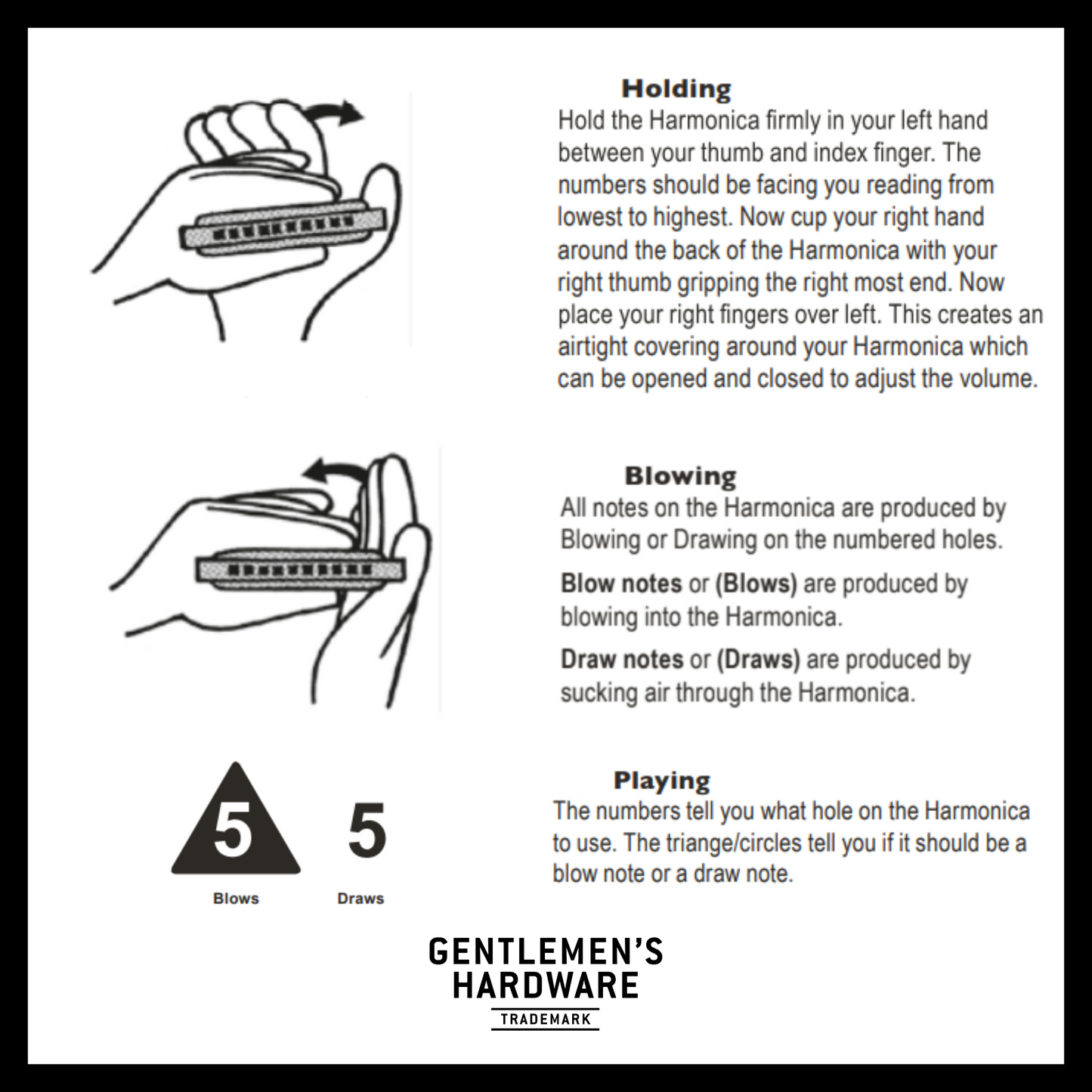 harmonica playing instructions including how to hold, blow, and play