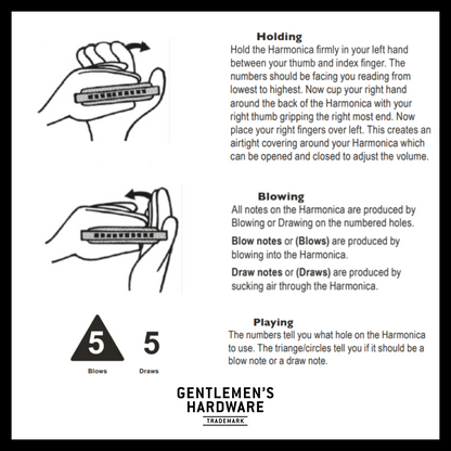 harmonica playing instructions including how to hold, blow, and play