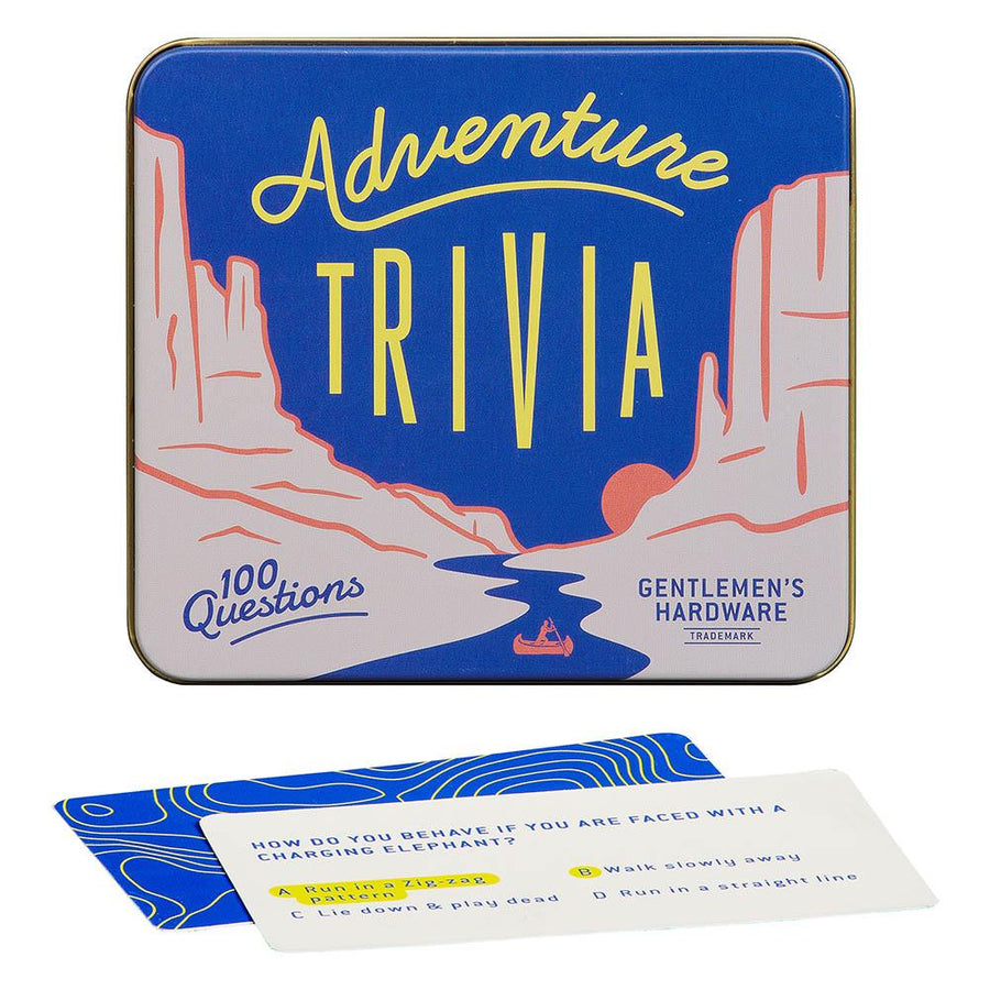 adventure trivia with tin container on white background and trivia card showing front and back design
