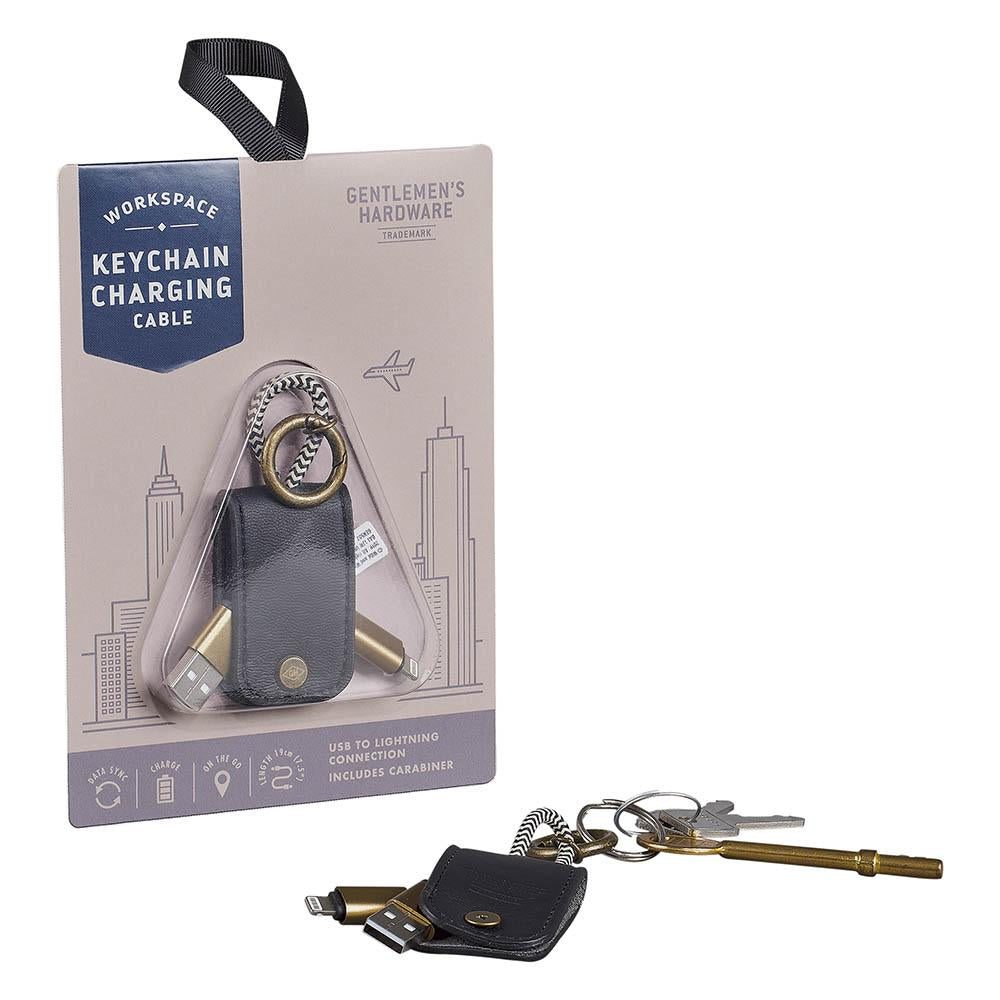 The Key Chain Charging Cable comes in a black leather case with USB to Lightning connectors and a carabiner, shown with keys and retail packaging.