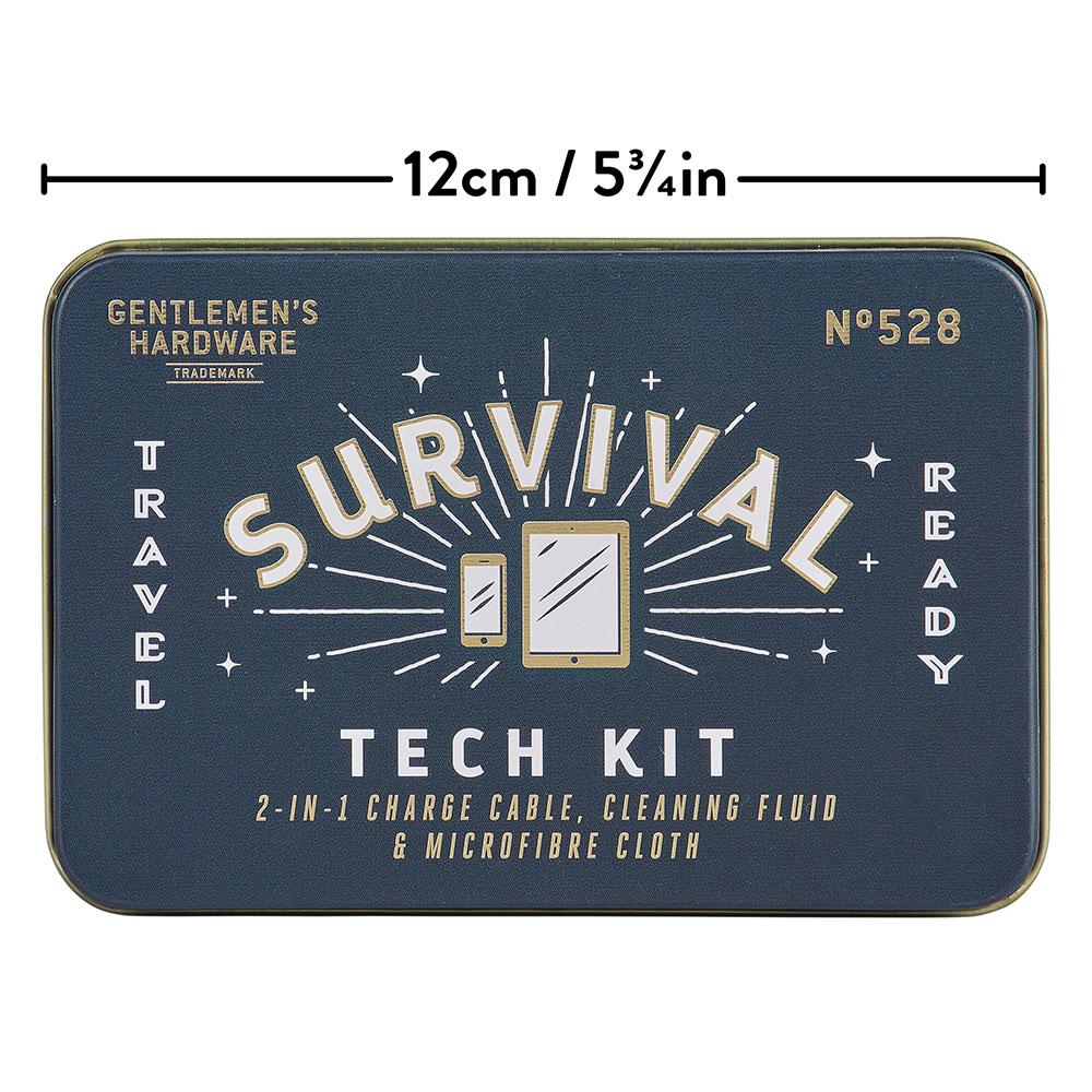 The Survival Tech Kit is a rectangular tin with travel-ready branding, device icons, and includes a Micro USB and Lightning charge cable plus screen cleaning fluid. Measures 12 cm (5¾ inches) wide.