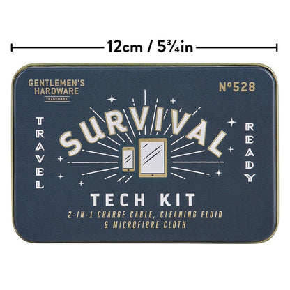 The Survival Tech Kit is a rectangular tin with travel-ready branding, device icons, and includes a Micro USB and Lightning charge cable plus screen cleaning fluid. Measures 12 cm (5¾ inches) wide.