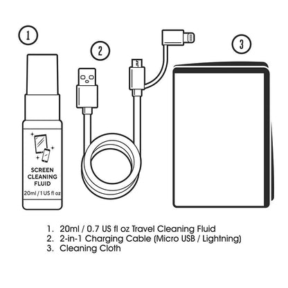 Black and white illustration of the Survival Tech Kit, showing a screen cleaning fluid bottle, a 2-in-1 Micro USB and Lightning charge cable, and a cleaning cloth, each item labeled below the image.