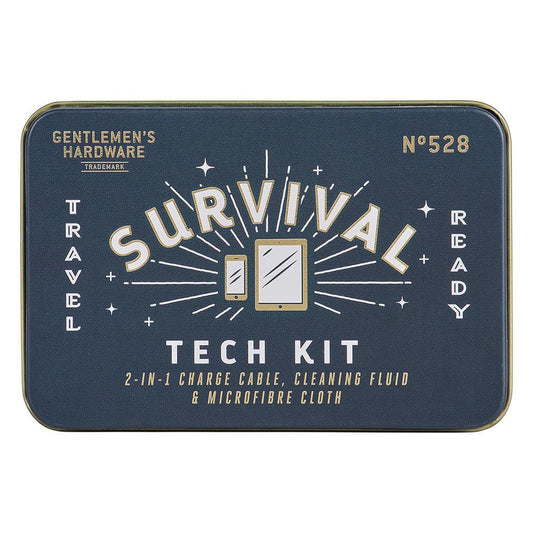 The Survival Tech Kit is a rectangular metal tin with digital device icon designs and gold text, containing screen cleaning fluid, a microfibre cloth, and a Micro USB/Lightning charging cable.