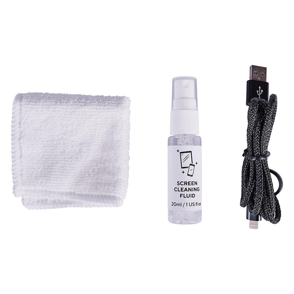 The Survival Tech Kit includes a white cleaning cloth, a 20ml bottle of screen cleaning fluid, and a black Micro USB and Lightning charge cable, all arranged side by side on a white background—your essential tech companions.