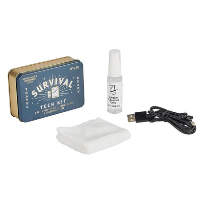 The Survival Tech Kit includes a metal tin, screen cleaning fluid, microfiber cloth, and a Micro USB/Lightning charge cable—compact essentials displayed on white, ideal for travel.