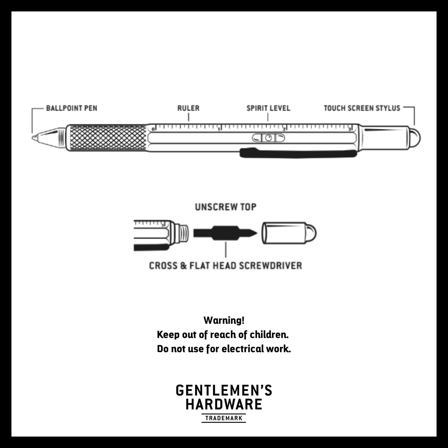 tool pen showing ballpoint pen, ruler, spirit level, and touch screen stylus that can open up into cross & flat head screwdriver