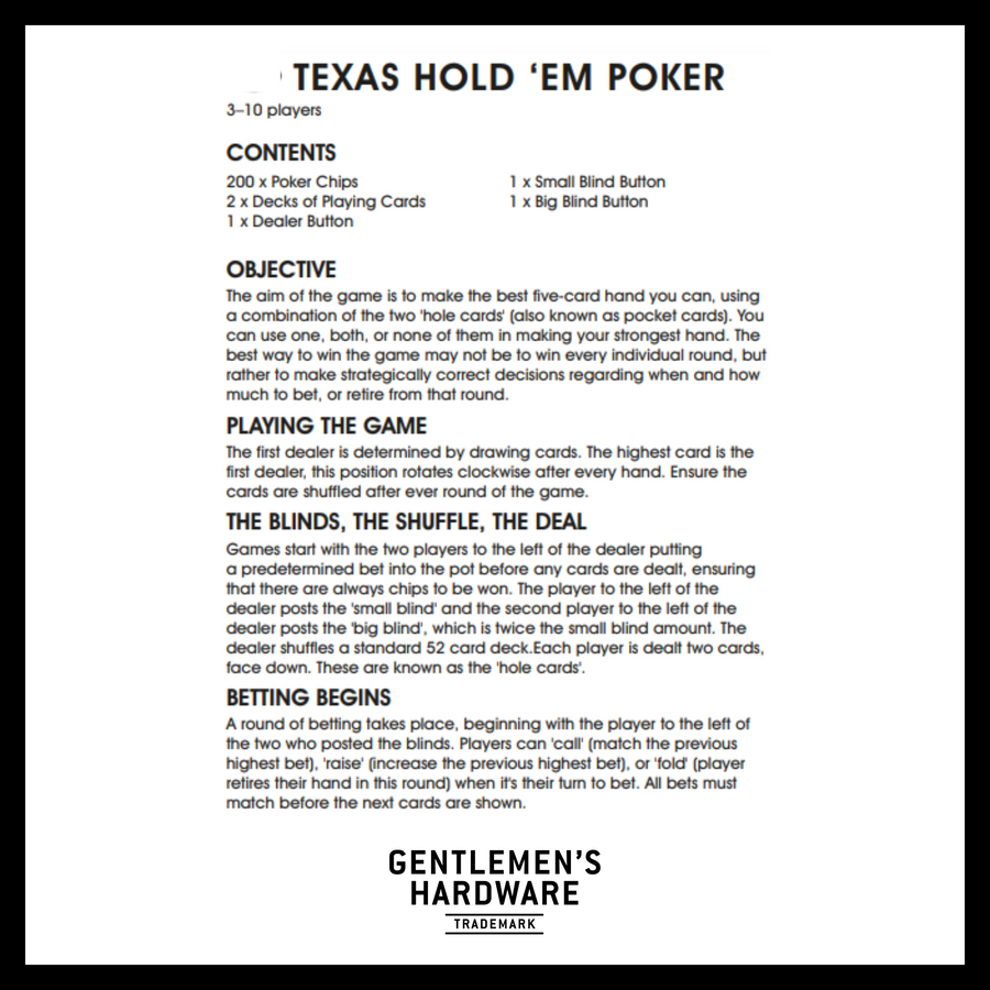 poker tin - texas hold 'em poker instructions outlining what the product includes, objective, and steps to playing the game