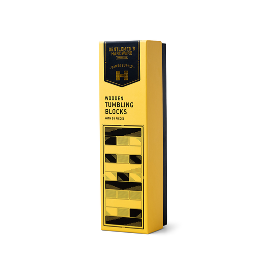 A tall yellow and black box labeled Wooden Tumbling Blocks, featuring 54 wooden pieces, ideal for game night and packaged in recycled materials.