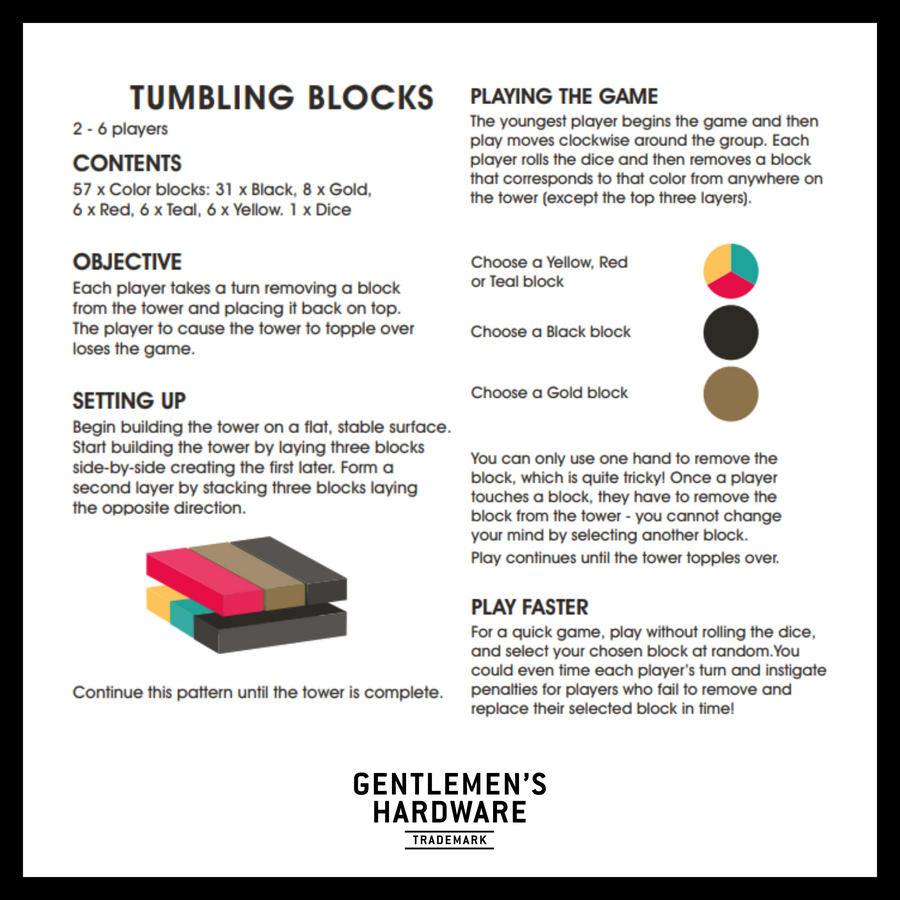 tumbling tower - tumbling block instructions with content, objective, set up, and how to play the game