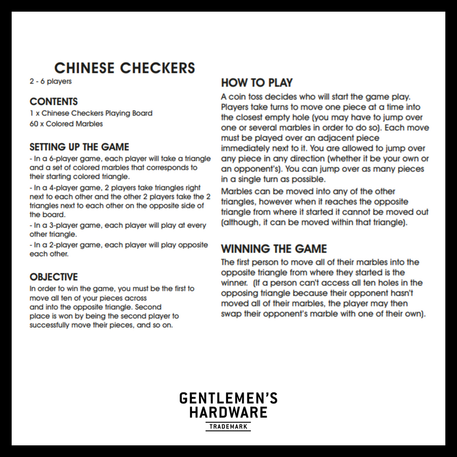 Chinese Checkers Instructions explaining content, setting up the game, objective, how to play chinese checkers, and how to win the game