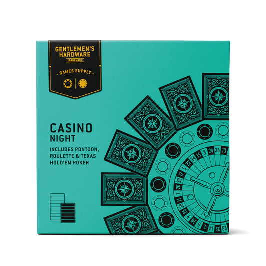 A teal box labeled Casino Night features a partial roulette wheel design and advertises classic games like pontoon, roulette, and Texas Hold’em, complete with poker chips, from Gentlemen’s Hardware.
