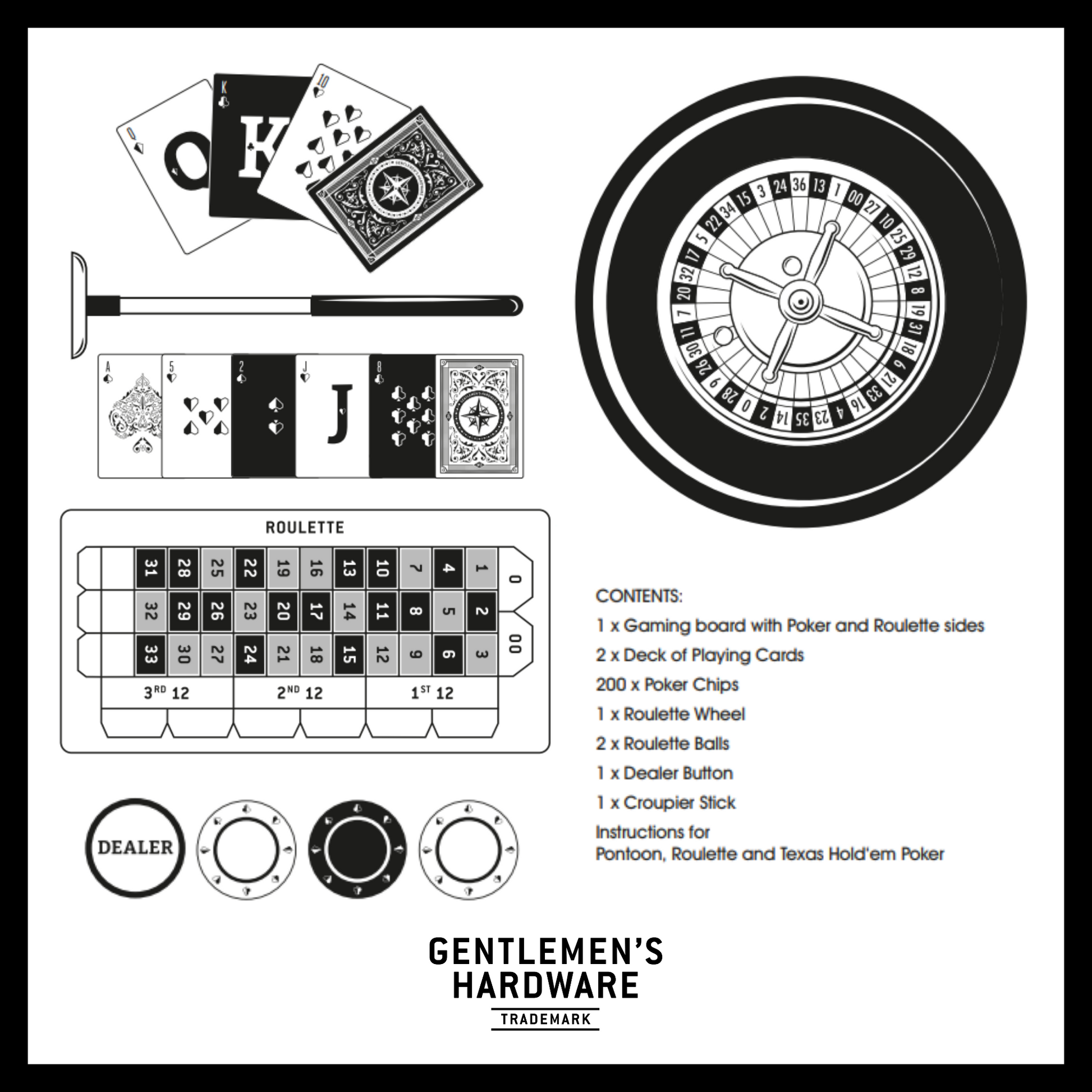 casino night showcasing contents which include gaming board for poker and roulette, 2x deck of cards, 1x roulette wheel, 2x roulette balls, 1x dealer button, 1x stick, and instructions