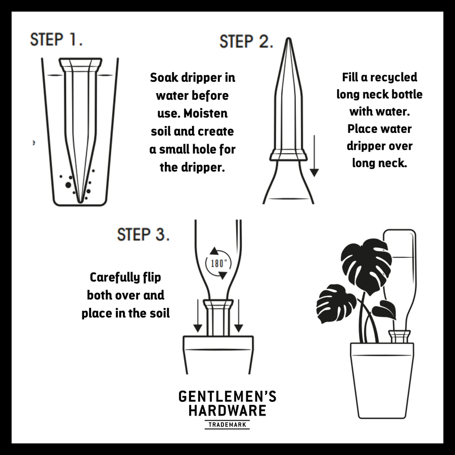 water drippers with steps on how to use them by soaking the drippers, inserting into the long neck bottle, and flipping to place in the soil