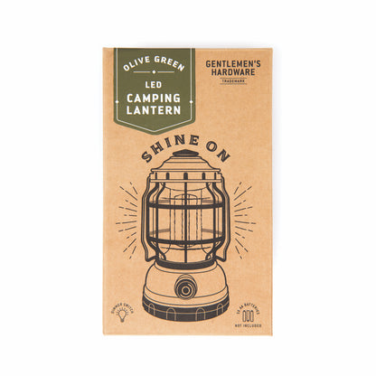 Camping Lantern box front with image of lantern and Gentlemen's Hardware logo text reads shine on