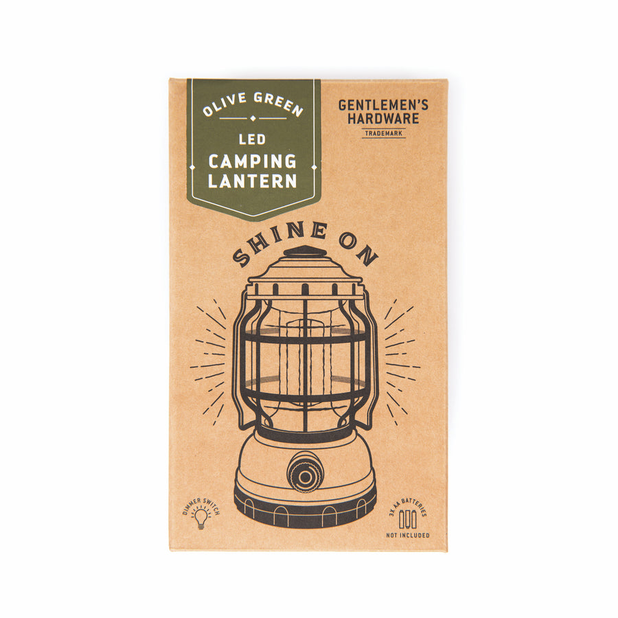 Camping Lantern box front with image of lantern and Gentlemen's Hardware logo text reads shine on