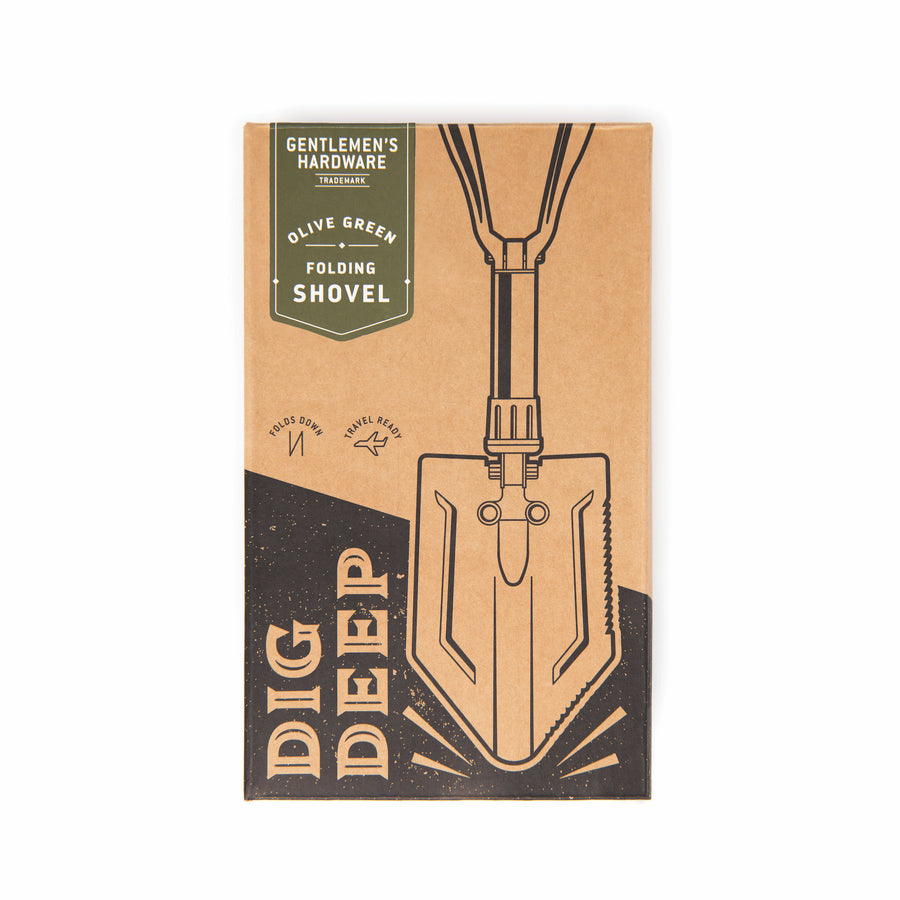 Olive green Folding Shovel box front with image of Folding Shovel and Gentlemen's Hardware logo and text reading Dig Deeper